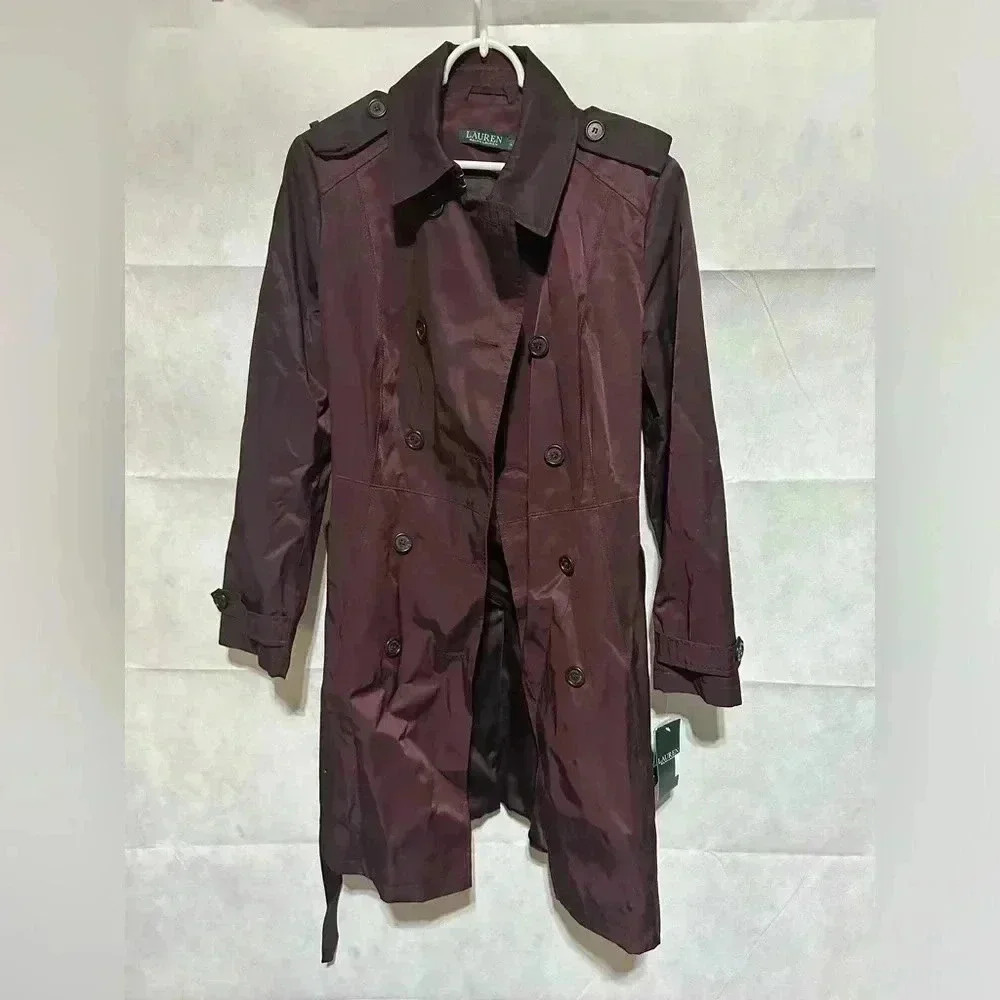 NEW Lauren Ralph Lauren Womens L Double Breasted Trench Coat Jacket Cranberry